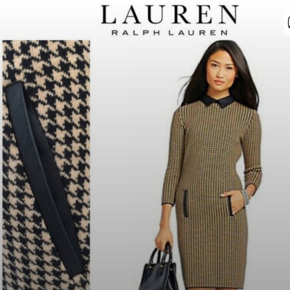 RALPH LAUREN Houndstooth Dress with Faux Black Collar & Pockets